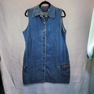 Vintage Denim Sz Large Button Front Sleeveless Denim Dress Embroidered Detail